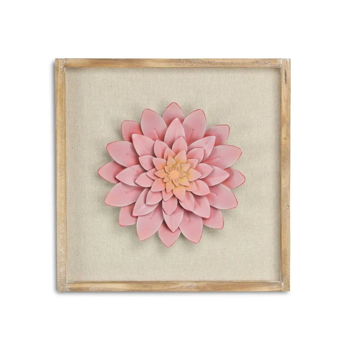 12" X 13" Pink and Off White Flower Wood and Metal Wall Decor