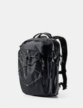 Black backpack on a light gray background