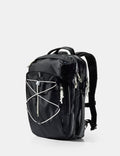 Black backpack with white accents on a light gray background