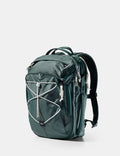 Green backpack with white accents on a light gray background