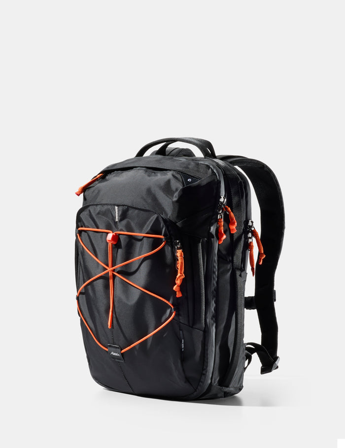 Black backpack with orange accents on a white background