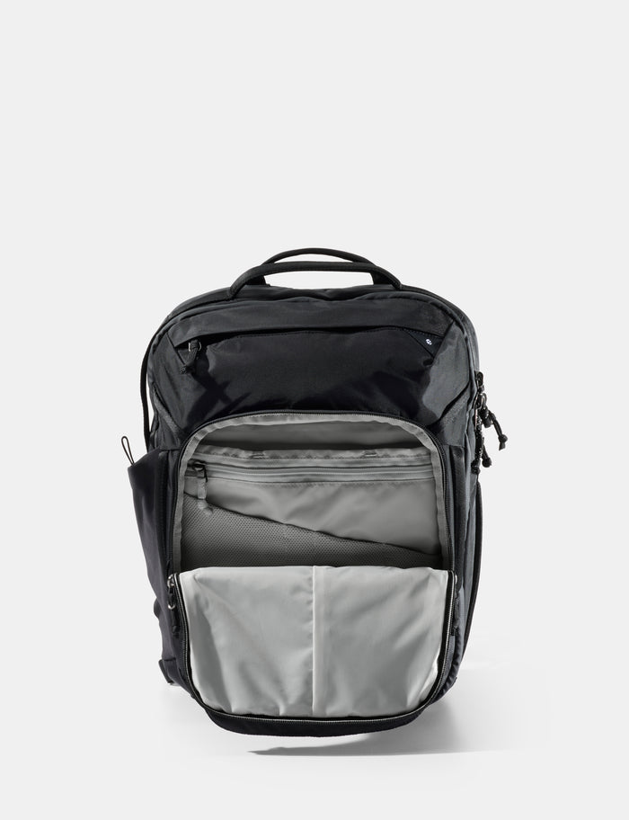 Black and gray backpack on a white background