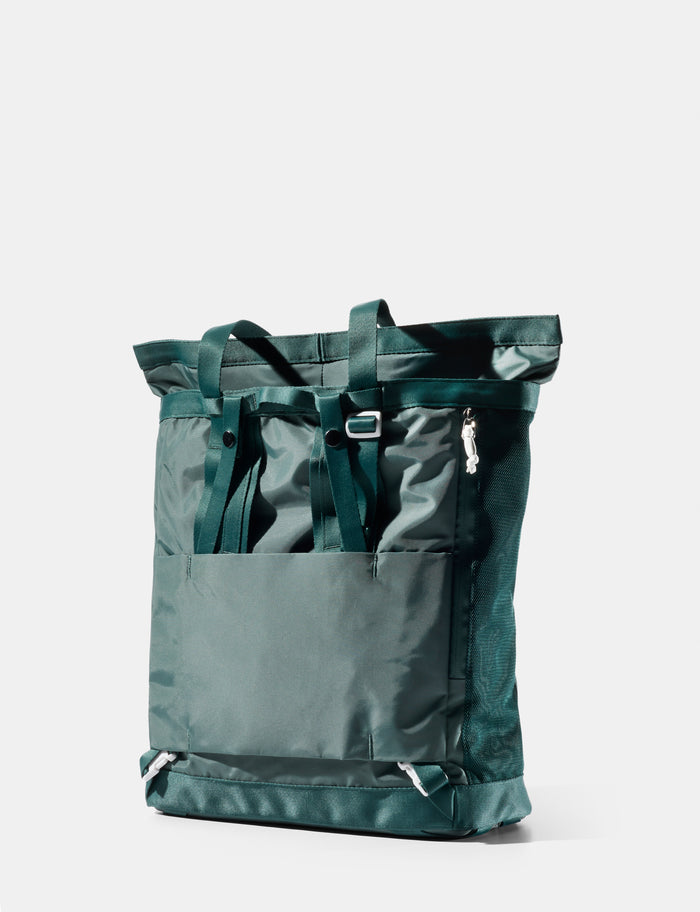 Green tote pack on a white background