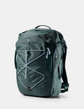 Green backpack with light blue accents on a light gray background