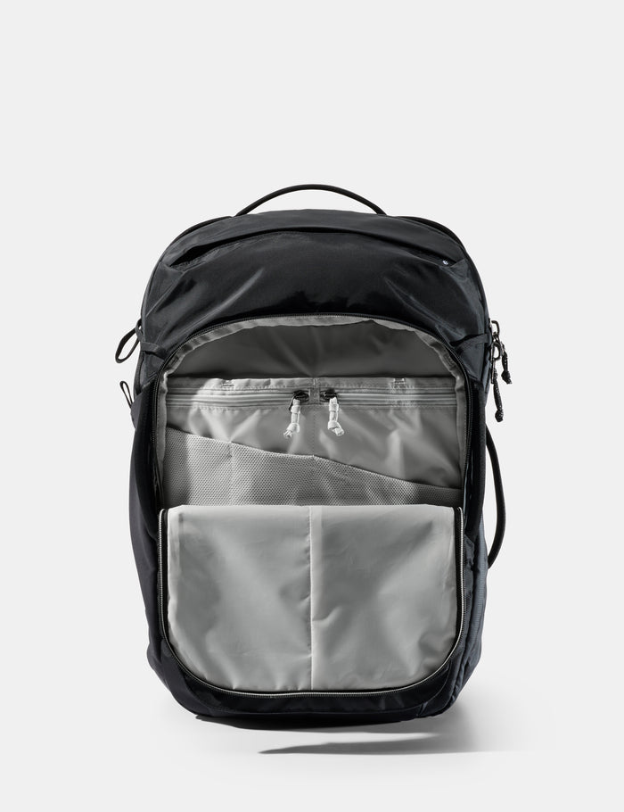 Black and gray backpack on a white background