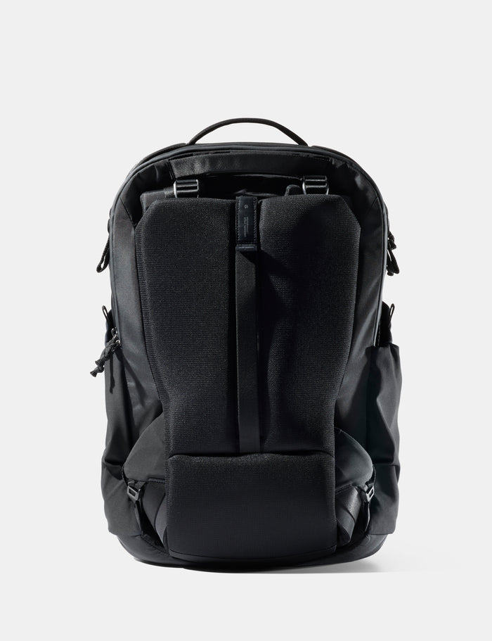 Black backpack on a light gray background