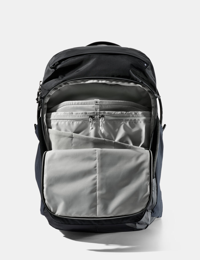 Black and gray backpack on a white background