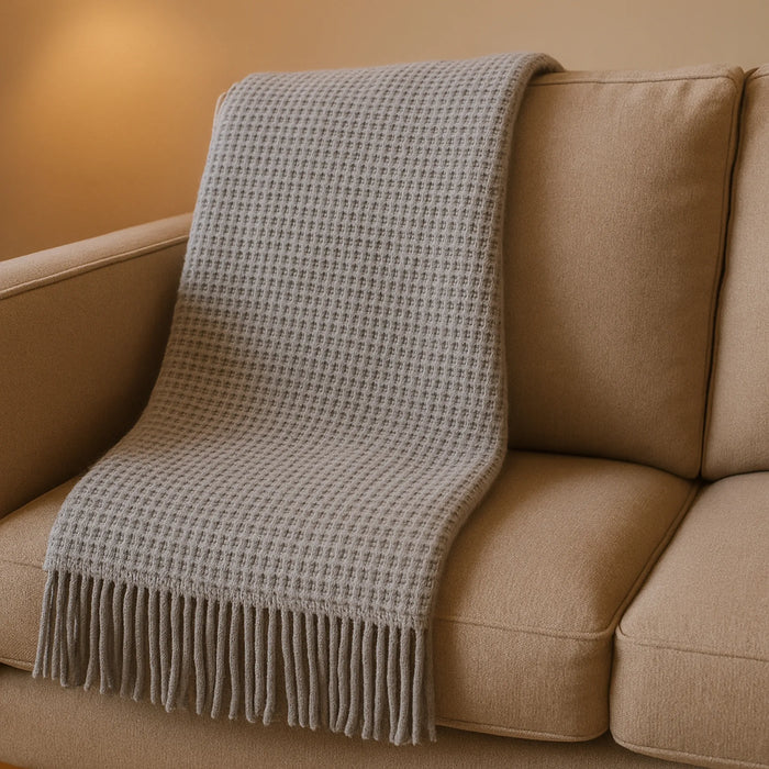 55" X 70" Light Gray Cotton Blend Waffle Weave Throw Blanket with Fringe