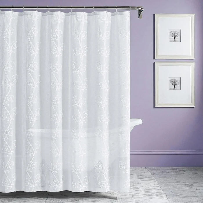 72" White Floral Faux Linen Shower Curtain With Embroidery