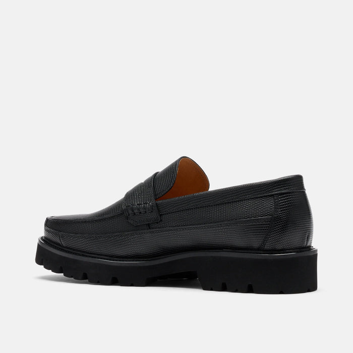 Adler Black Lizard Leather Lug Penny Loafers