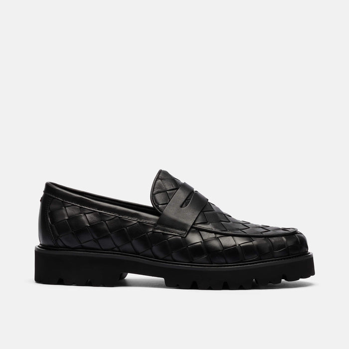 Adler Black Woven Leather Lug Penny Loafers