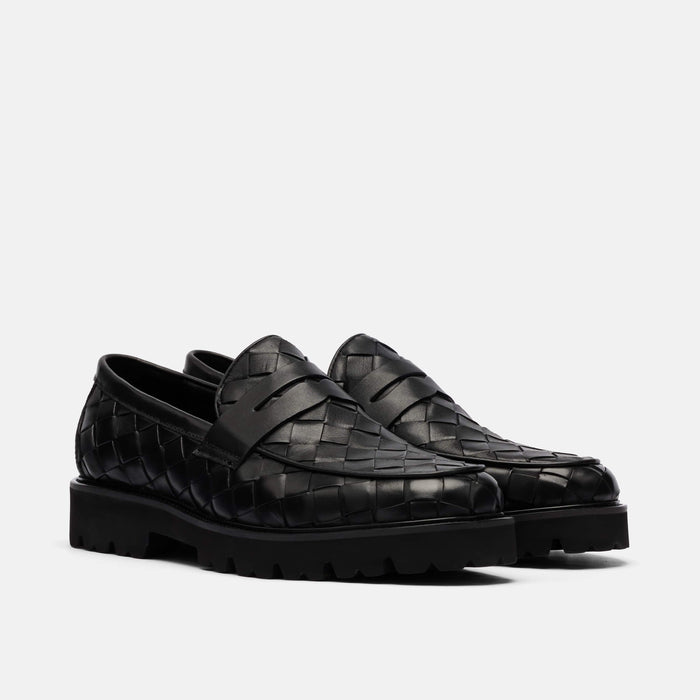Adler Black Woven Leather Lug Penny Loafers