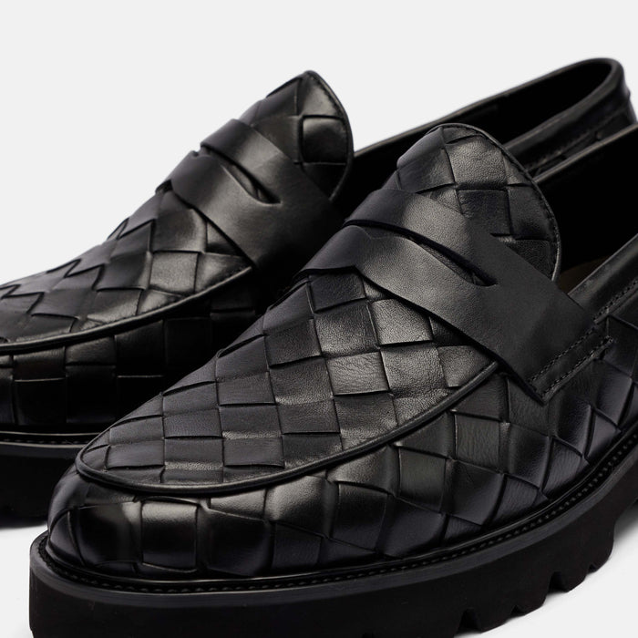 Adler Black Woven Leather Lug Penny Loafers