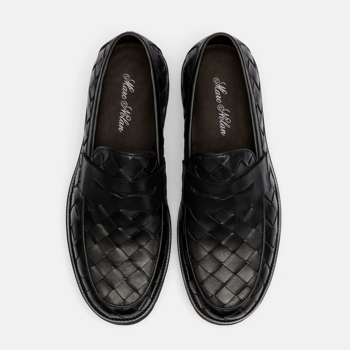 Adler Black Woven Leather Lug Penny Loafers