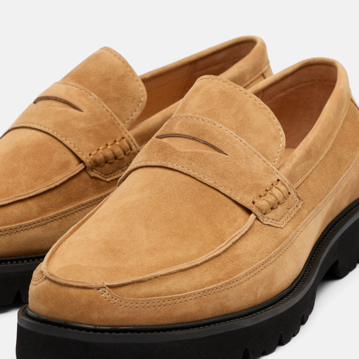 Adler Caramel Suede Lug Penny Loafers