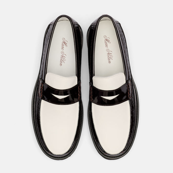 Adler Oxblood/White Patent Leather Lug Penny Loafers