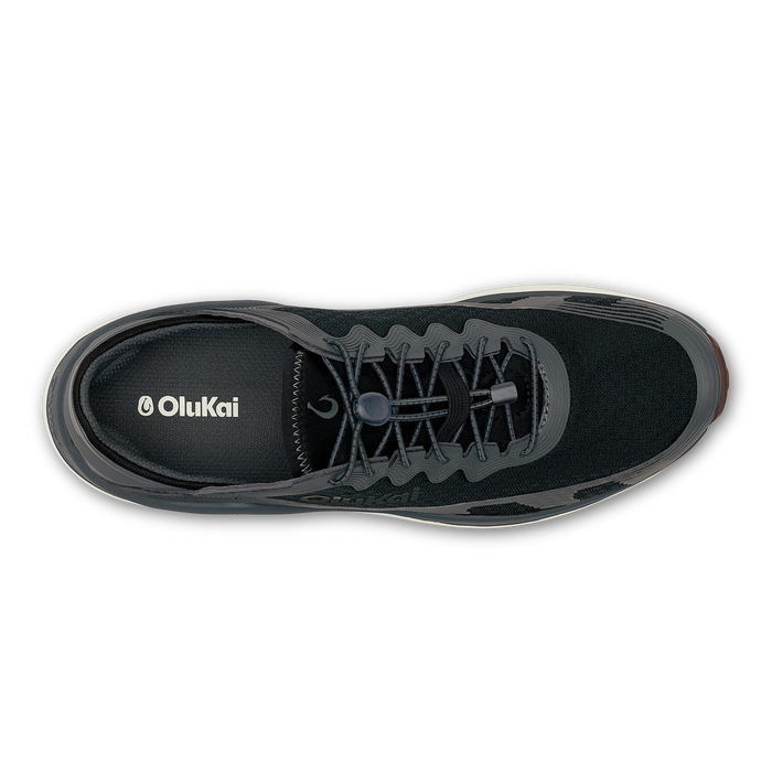 Black OluKai ʻAhi shoe with lace-up closure and padded collar, shown from above.