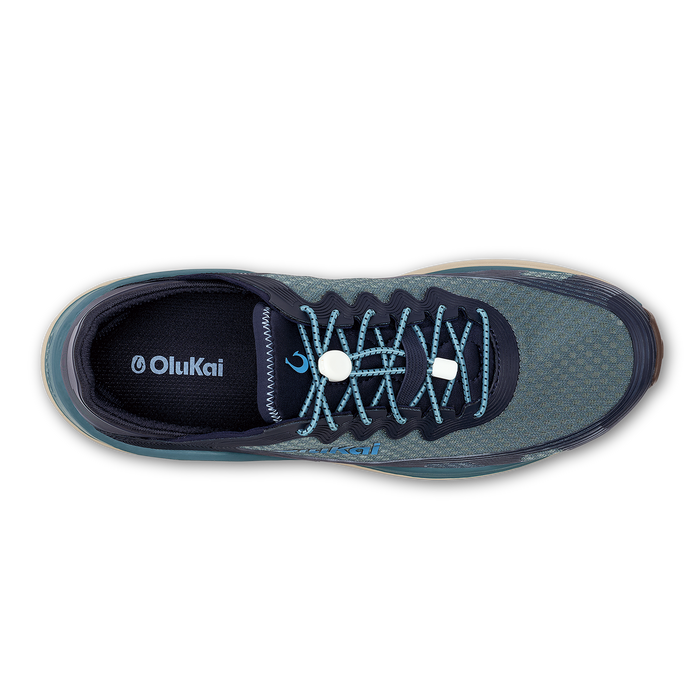 OluKai ʻAhi shoe in storm and trench blue with light blue laces, shown from above.