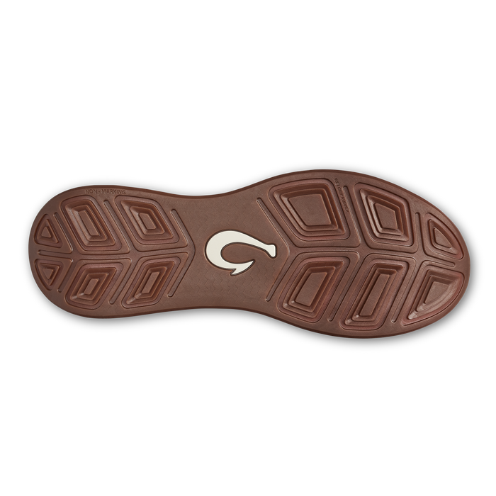 Brown shoe sole with geometric tread pattern and white hook logo in center.