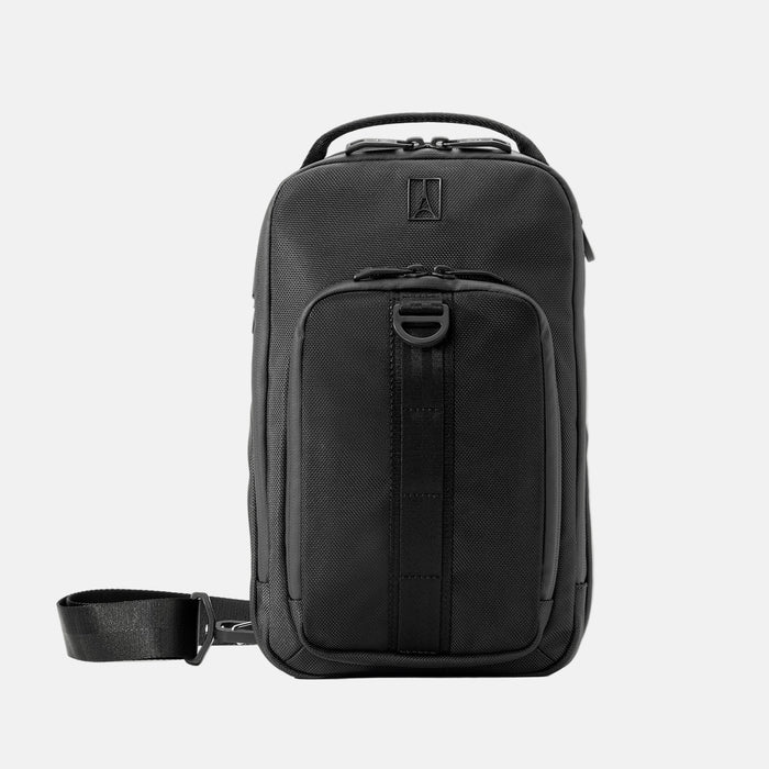 Front view of Travelpro Altitude Crossbody 6L in Black, showcasing zippered front pocket with daisy chain and top carry handle.