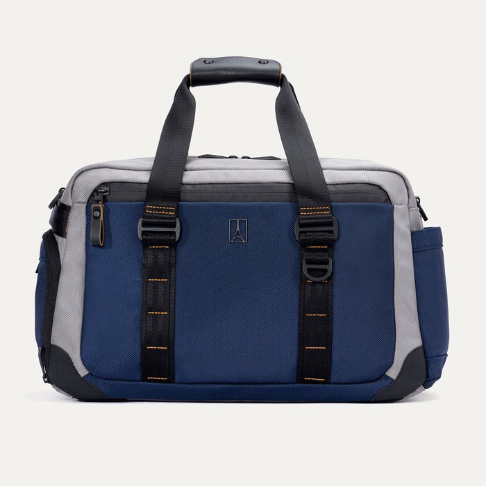 A blue and gray Travelpro duffel bag with a zippered front pocket, a dedicated shoe pocket, and an adjustable shoulder strap.