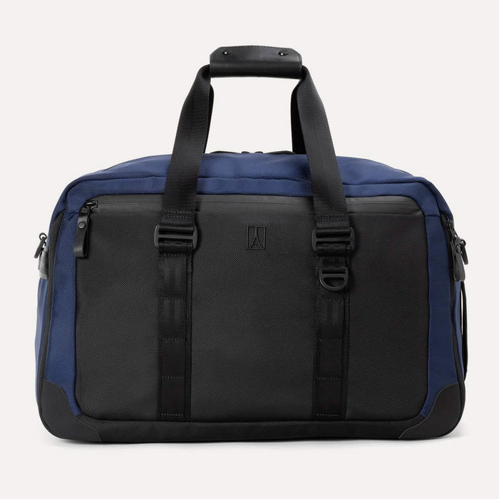 Front view of Travelpro Altitude Double Expansion Duffel in Aviator Navy with dual handles and front zippered pocket.