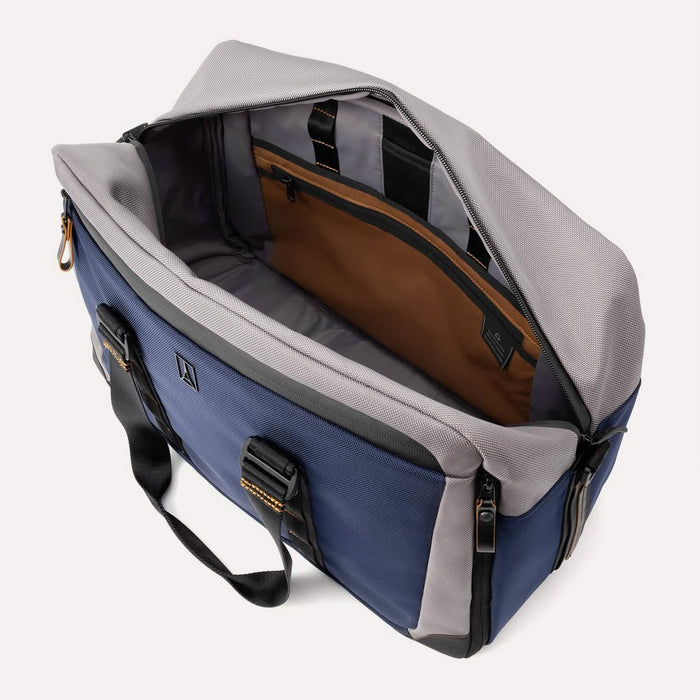 Open top view of the Travelpro® Altitude™ Double Expansion Duffel in Stellar Navy/Grey, showing a spacious main compartment with an interior zippered pocket, organizational sleeves, and contrast lining.