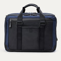 Front view of the Travelpro® Altitude™ Full Expansion Brief in Aviator Navy, featuring dual top handles, a sleek black front panel with vertical webbing accents, and a discreet zippered pocket.