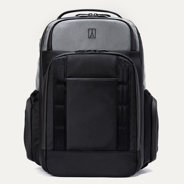 Front-facing studio product shot of the Altitude Large Expandable Laptop Backpack 30-36L in Falcon Grey, highlighting the sleek, modern design, durable high-density ballistic ECOFAB exterior, and the signature brand logo.