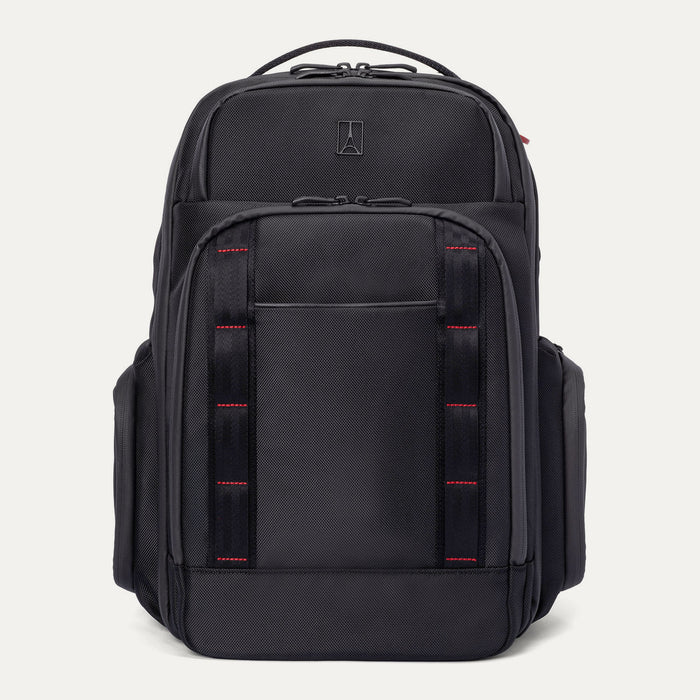 Front view of the Travelpro Altitude Large Expandable Laptop Backpack in Crimson Shadow, showing the black textured exterior with red accent stitching, front pocket panel, and side compartments against a light background.