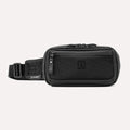A black Travelpro Altitude Sling 2L bag with a strap and a front pocket, made from recycled plastic bottles fabric.