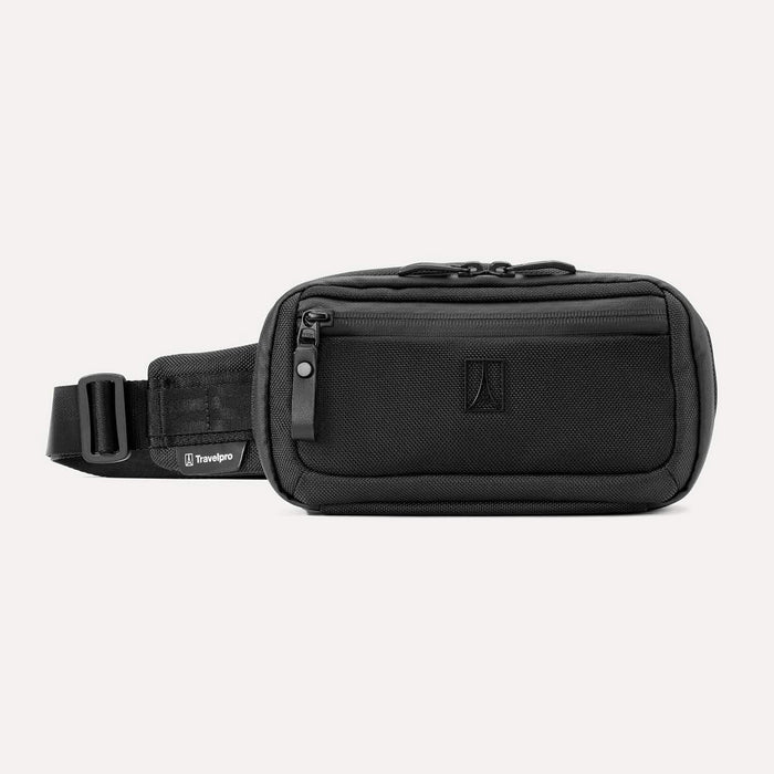 A black Travelpro Altitude Sling 2L bag with a strap and a front pocket, made from recycled plastic bottles fabric.