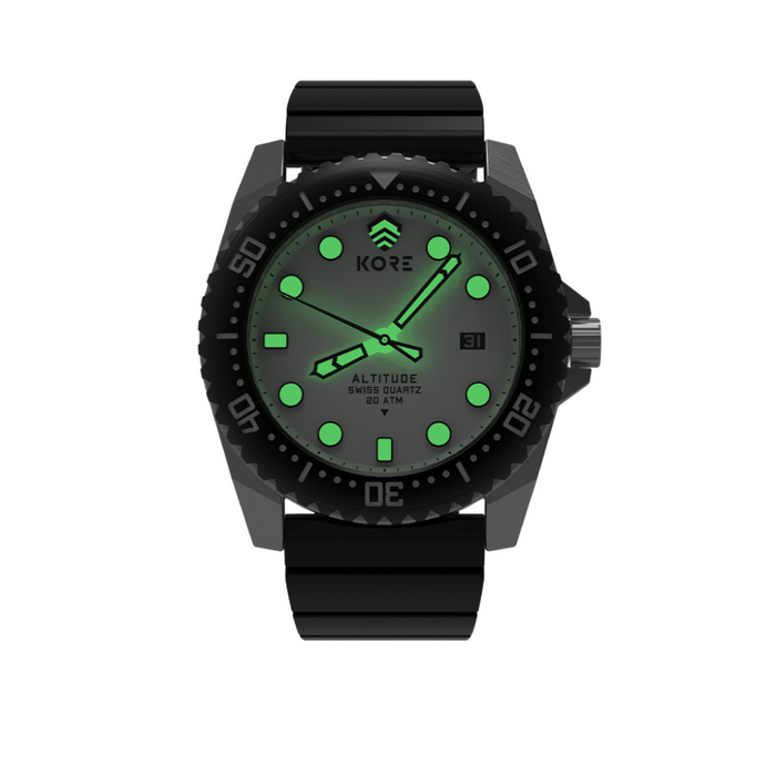 Front Facing View of Kore Essentials Altitude Tactical Field Watch Showcasing Photoluminescence Feature