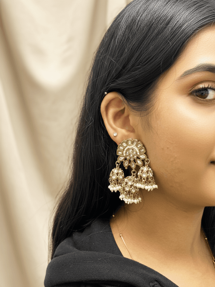 Antique Gold Dangler Earrings With Small Jhumkas.