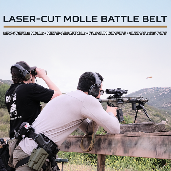 Two individuals in Kore Essentials tactical gear with a laser-cut MOLLE battle belt, set against a natural landscape.