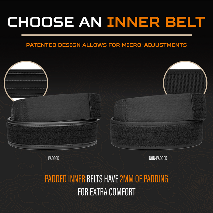 Kore Essentials Black inner belts with padding and non-padding options on a dark background.