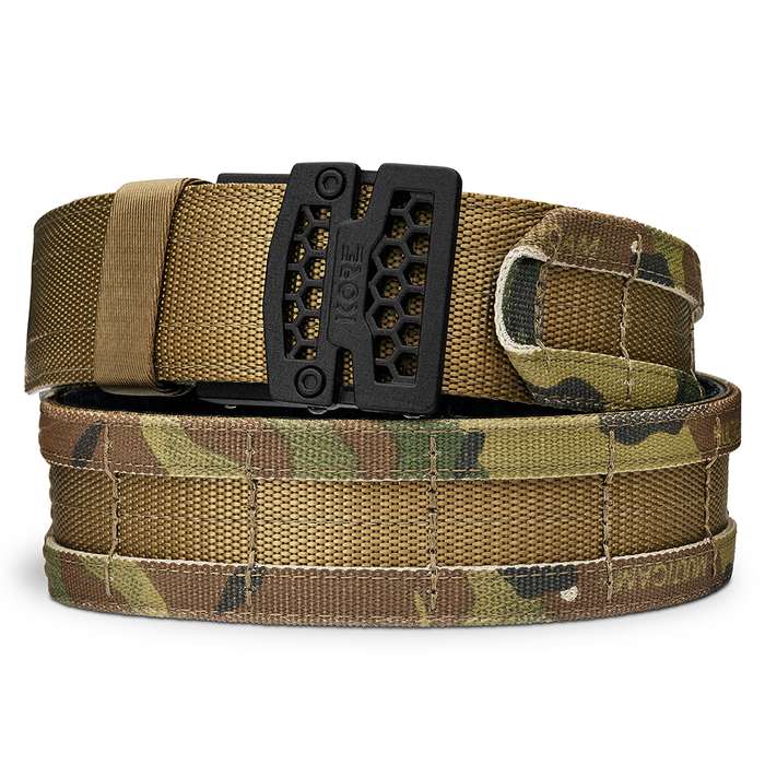 Kore Essentials Micro-Adjustable Multicam Battle Belt with a B1 Buckle on a White Background