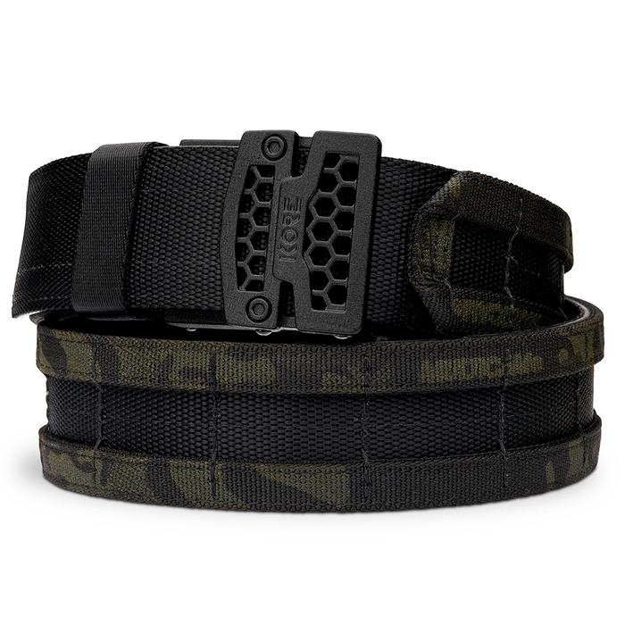 Kore Essentials Micro-Adjustable Multicam Black 1.75" Battle Belt with a B1 Buckle on a White Background