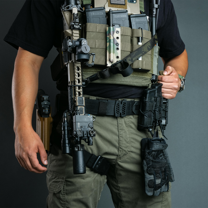 Person Wearing Kore Essentials Black Molle Battle Belt with a B1 Buckle