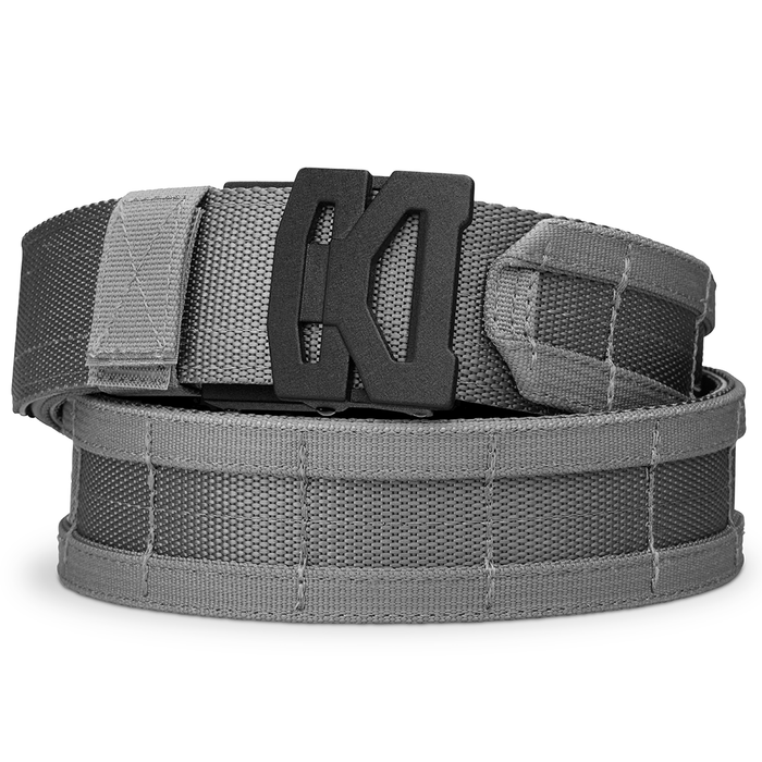 Kore Essentials Micro-Adjustable Grey 1.75" Battle Belt with a B2 Buckle on a White Background