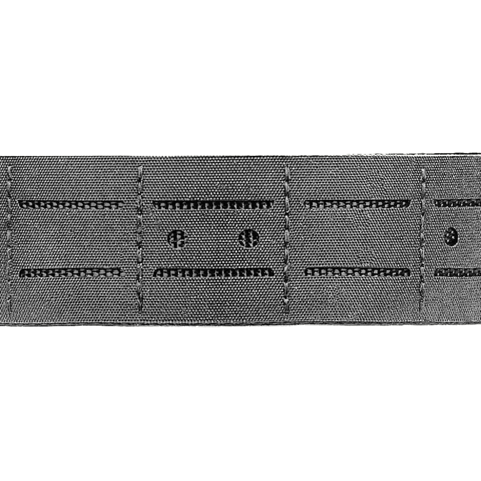 Close-up of a textured gray fabric strip with stitching details on a white background