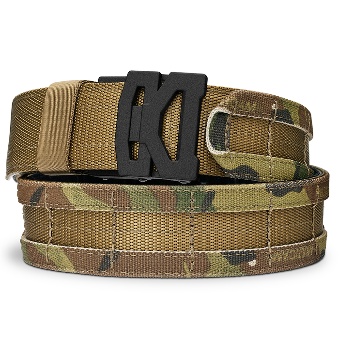 Kore Essentials Micro-Adjustable Multicam Battle Belt with a B2 Buckle on a White Background