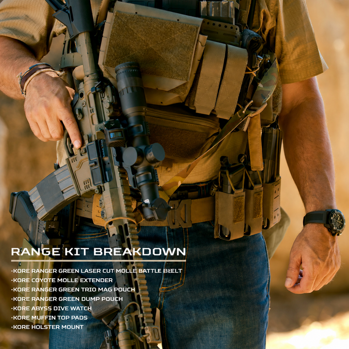 A close-up lifestyle shot of a person wearing a tan tactical vest and belt with multiple pouches, holding a rifle. The image includes a text overlay listing components of a 'Range Kit Breakdown' including a KORE Ranger Green Laser Cut M-LOK Battle Belt, KORE Coyote Molle Extender, KORE Ranger Green Tri-Mag Pouch, KORE Ranger Green Dump Pouch, KORE Abyss Dive Watch, KORE Muffin Top Pads, and KORE Holster Mount.