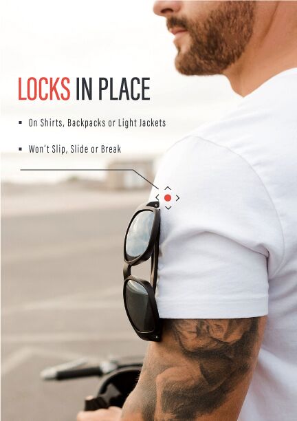 Kore Neo-Lock Sunglasses use magnets to lock to your shirt. Men's Polarized Sunglasses.