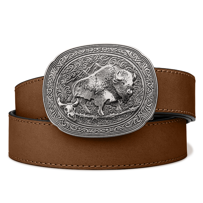 Kore Essentials Brown Buffalo Leather Gun Belt with a Silver Bison Western Buckle