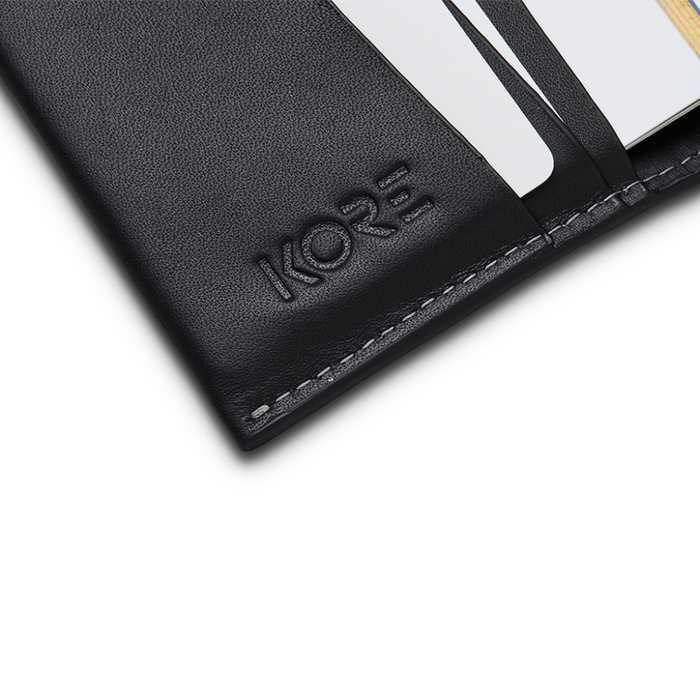 Close up View of Inside of Kore Essentials Leather Bifold Wallet on a White Background