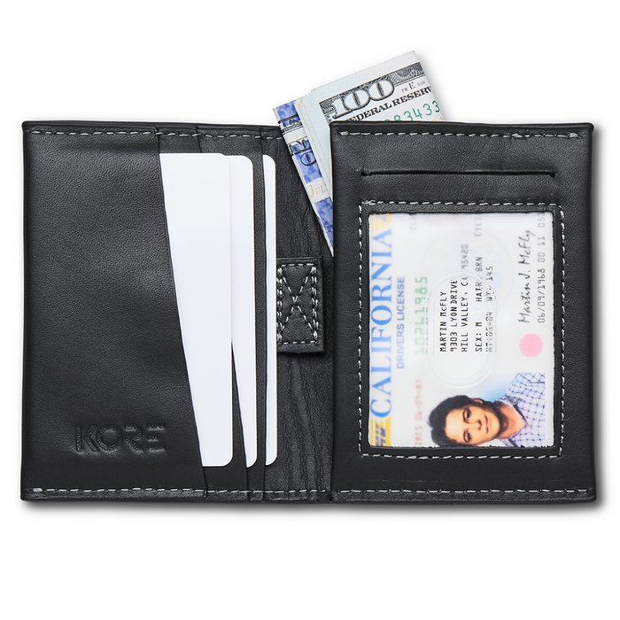 Inside of Front of Kore Essentials Leather Bifold Wallet on a White Background