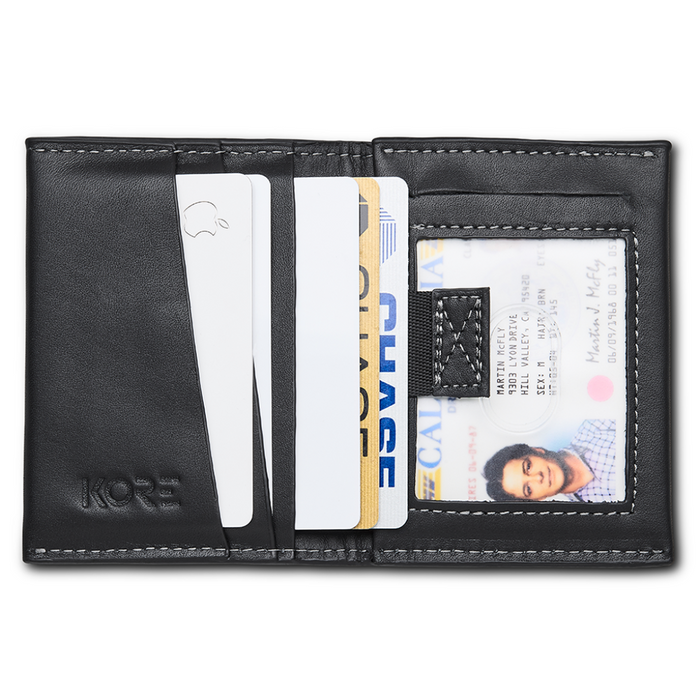 Front of Kore Essentials Leather Bifold Wallet Showcasing the Quick Release Tab on a White Background