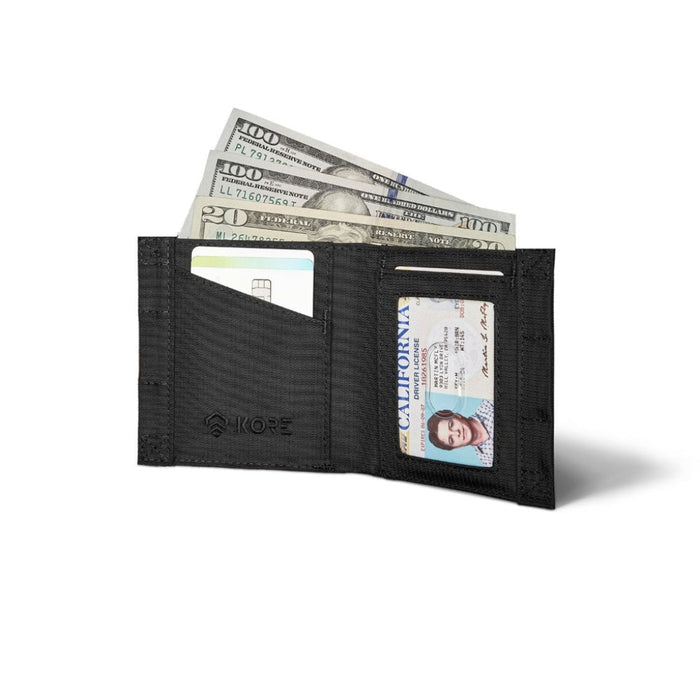 KORE Tactical Nylon BiFold Wallet in Black. Magnetic closure & RFID protected. Open