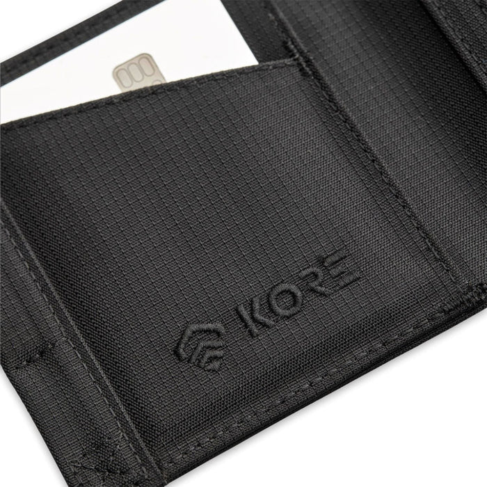 KORE Tactical Nylon BiFold Wallet in Black. Magnetic closure & RFID protected. inside